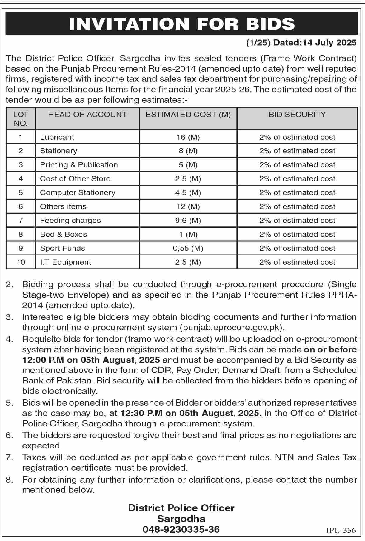 District Police Officer Sargodha Tender Notice